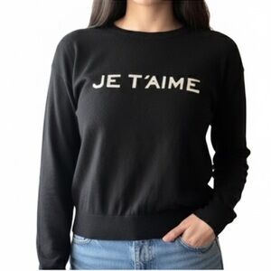 Zadig & Voltaire Black “Je T’aime” Merino Wool Crewneck Sweater Size Medium EUC!